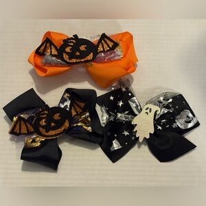 Halloween Hair Bows Lot Bat Ghost Orange Black Glitter Barrettes Clips (3) NWOT